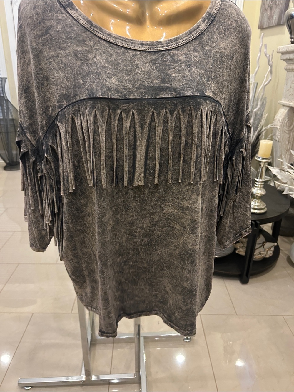 Fringed Washed Gray Women’s Jersey Top